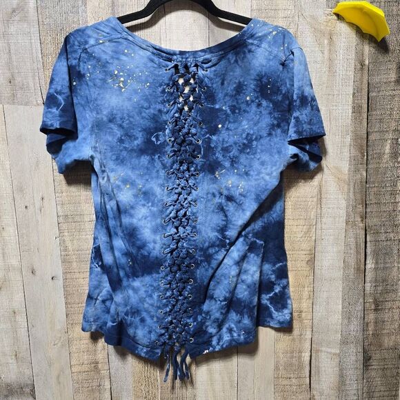 Affliction Women's MADRIGAL Split Neck Cross Embellished Blue Short Sleeve Tee - Picture 3 of 3